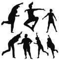 Silhouettes of women in different poses-dance, sport, game, rock concert. Vector Royalty Free Stock Photo