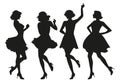 Silhouettes of women dressed in retro style dancing isolated on white background