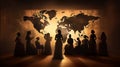 Silhouettes of women in front of a world map. Representing societies and different cultures