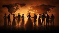Silhouettes of women in front of a world map. Representing societies and different cultures