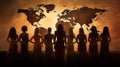 Silhouettes of women in front of a world map. Representing societies and different cultures