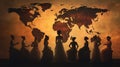 Silhouettes of women in front of a world map. Representing societies and different cultures