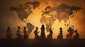 Silhouettes of women in front of a world map. Representing societies and different cultures