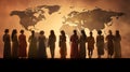 Silhouettes of women in front of a world map. Representing societies and different cultures