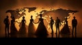 Silhouettes of women in front of a world map. Representing societies and different cultures