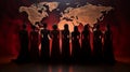 Silhouettes of women in front of a world map. Representing societies and different cultures