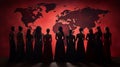 Silhouettes of women in front of a world map. Representing societies and different cultures