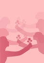 Silhouettes of women with outstretched arms holding bouquets of flowers. Royalty Free Stock Photo