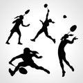 Silhouettes of women professional badminton players. Vector set Royalty Free Stock Photo