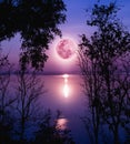 Silhouettes of woods and beautiful moonrise, bright full moon would make a great picture. Outdoors.