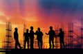 silhouettes of workers on the construction site. illustration for cover site or book, ai generative