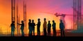 silhouettes of workers on the construction site. illustration for cover site or book, ai generative