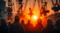 Silhouettes of workers wearing hard hats against the backdrop of construction cranes at sunset. The theme of construction, Royalty Free Stock Photo