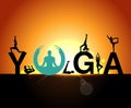 Silhouettes in the yoga poses on a early morning background, world yoga day, design templates for spa center or yoga studio Royalty Free Stock Photo