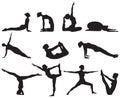 Silhouettes of yoga positions on white background