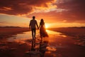 Silhouettes of a young couple admiring beautiful view on sunset. Man and woman looking at scenic evening landscape