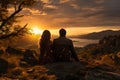 Silhouettes of a young couple admiring beautiful view on sunset. Man and woman looking at scenic evening landscape