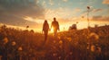 Silhouettes of young couple in love walking away a path in flowering meadow. Back view of a man and a woman holding Royalty Free Stock Photo