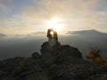 Silhouettes of young couple standing on a mountain and looking to each other on beautiful sunset background. Love of guy Royalty Free Stock Photo