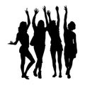 4 silhouettes of young girls tourists girlfriends stand with their hands raised up in the summer in shorts, breeches, short dress