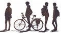 Silhouettes of young men and women with bicycles. illustration. Generative AI Royalty Free Stock Photo