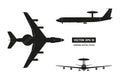 Silhouettet of military aircraft. Top, front and side jet view. Army airplane with airborne warning and control system Royalty Free Stock Photo