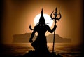 Silhoulette of Maha Shivratri concept with trident sword sculpture on orange golden hour in dawn background. Indian Culture and