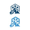 silhoutte of ice mountain and skiing person for ski logo vector design