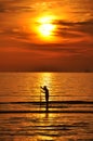 Silhoutte of a fisherman holding a nett to catch a fish Royalty Free Stock Photo