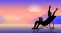Silhuette of Businessman sit on deck chair working with laptop computer on sunset on beautiful landscape. Stock market trader Royalty Free Stock Photo