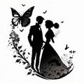 Silhuette of a couple in a wedding ink background