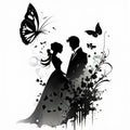 Silhuette of a couple in a wedding ink background