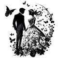 Silhuette of a couple in a wedding ink background