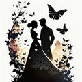 Silhuette of a couple in a wedding ink background