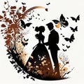 Silhuette of a couple in a wedding ink background