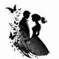 Silhuette of a couple in a wedding ink background