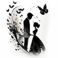 Silhuette of a couple in a wedding ink background