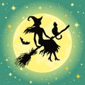 Silhuette Of Flying Witch, Full Moon And Stars,  Halloween Vector Illustration
