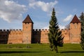 Silhuette of town fortification with battlement and watch tower in sunny autumn day, medieval gothic wall and rampart, View from