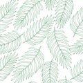 Silhuette of tropical palm leaves seamless pattern. Line art. Blue plants on white background