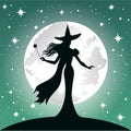 Silhuette Of Witch, Full Moon And Stars, Halloween Vector Illustration