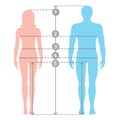 Silhuettes of man and women in full length with measurement lines of body parameters. Human body measurements and proportions.