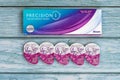 Silicon hydrogel one-day contact lenses in a saline package by Alcon, branded as Precision 1