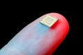 Silicon microchip on fingertip Royalty Free Stock Photo