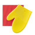 Silicon, silicone pot holders, red and yellow, isolated on white background. Modern kitchenware, square and mitt glove