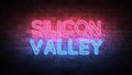 Silicon Valley neon sign. purple and blue glow. neon text. Brick wall lit by neon lamps. Night lighting on the wall. 3d