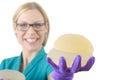 Silicone breast implant. Doctor hold silicone breast prosthesis Royalty Free Stock Photo