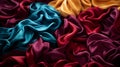 Silk abstract background in rich colors, red, gold, burgundy and blue. Shiny satin or silk wave of a textile fabric materials. Royalty Free Stock Photo
