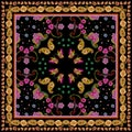 Silk bandana print with butterflies, paisley and floral border on black background. Beautiful square pattern Royalty Free Stock Photo