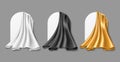 Silk cloth covered drapery. Realistic gold, black and white hanging fabric with flowing folds, presentation planes